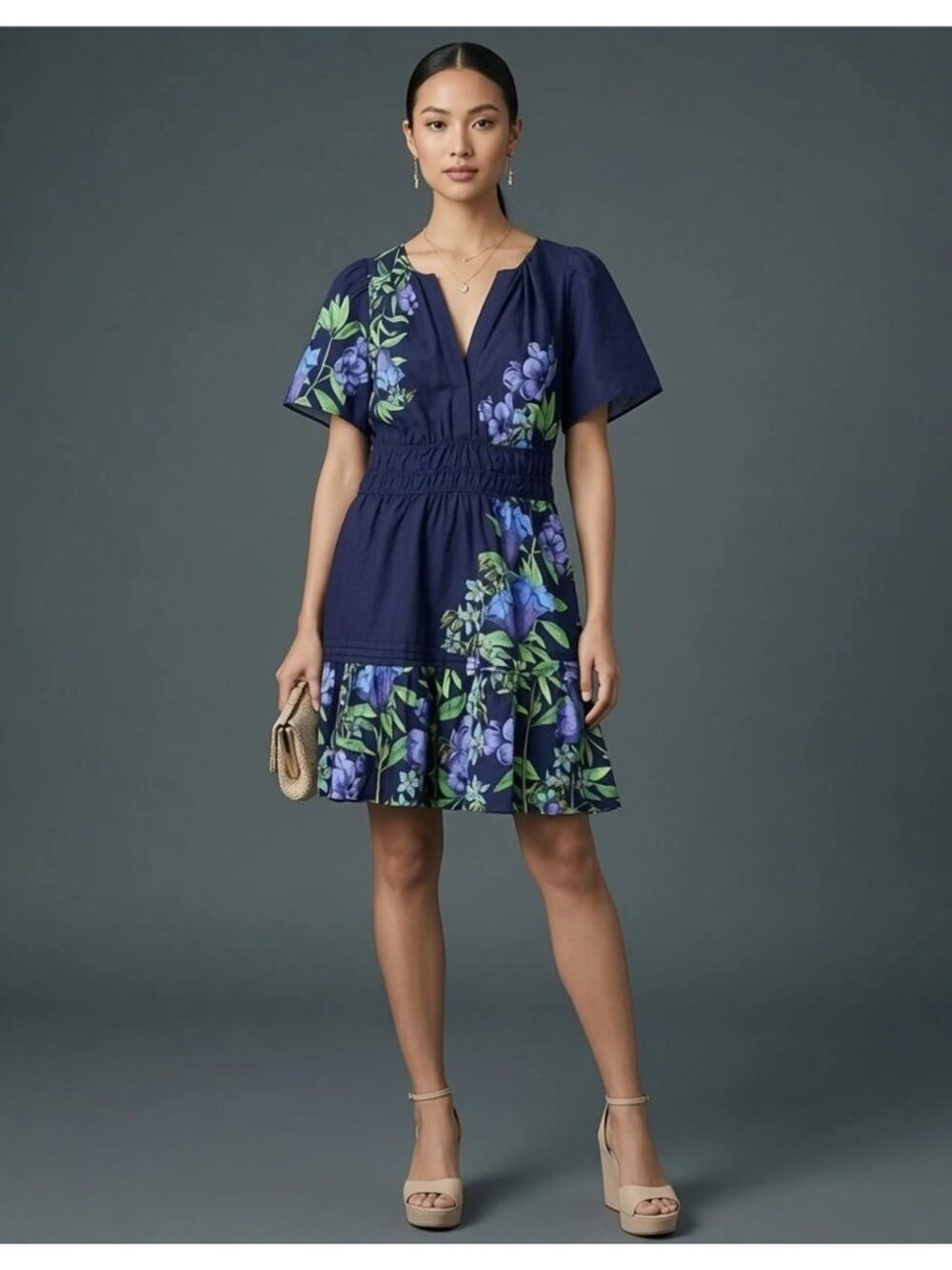 Anthropologie Somerset Mini Dress Navy Blue Tropical Print Cotton Petite Small